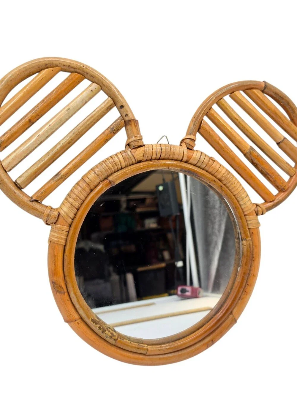 Round Brown Rattan Framed Wall Mirror Mouse Ear Design Wall Mounted